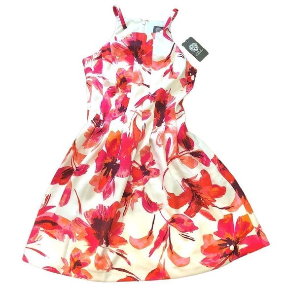 VINCE CAMUTO White Floral Fully Lined Pintuck Dress With Full Skirt Sz 6 - Picture 3 of 12